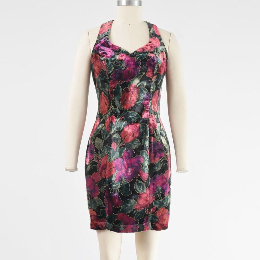 Vintage 90s Floral Velvet Criss Cross Strap Party Cocktail Fitted Mini Dress S
